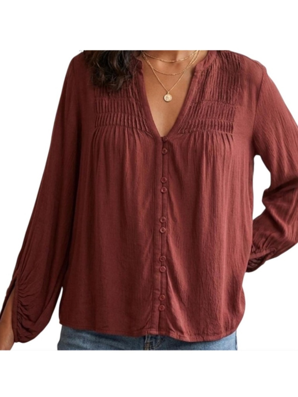 Anthropologie Maeve Peasant Blouse Pintuck Pleated Maroon sz s